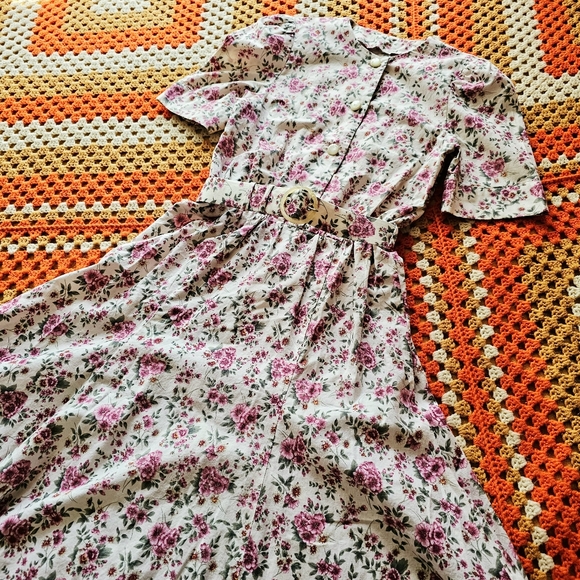 Vintage Dresses & Skirts - 80s Floral Pink Green Cotton Midi Tea Dress With Matching Belt Handmade Vintage